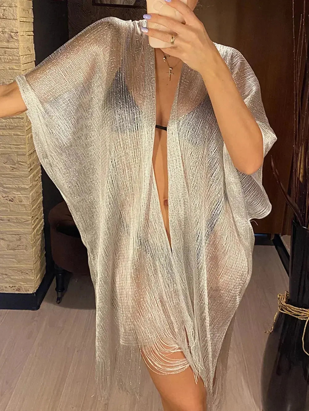 Tassel Gold Bikini Cover Up Sexy Beach Dress Tunics for Women Beachwear Summer cover-ups kaftan Evening Dress Shawls Aurexia off