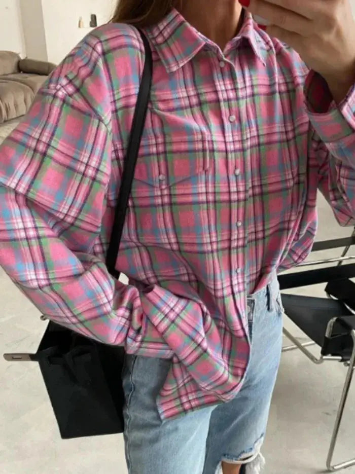 Women's Pink & Grey Plaid Flannel Shirt Button Down, Long Sleeve, Casual Streetwear Blouse for Layering Aurexia off