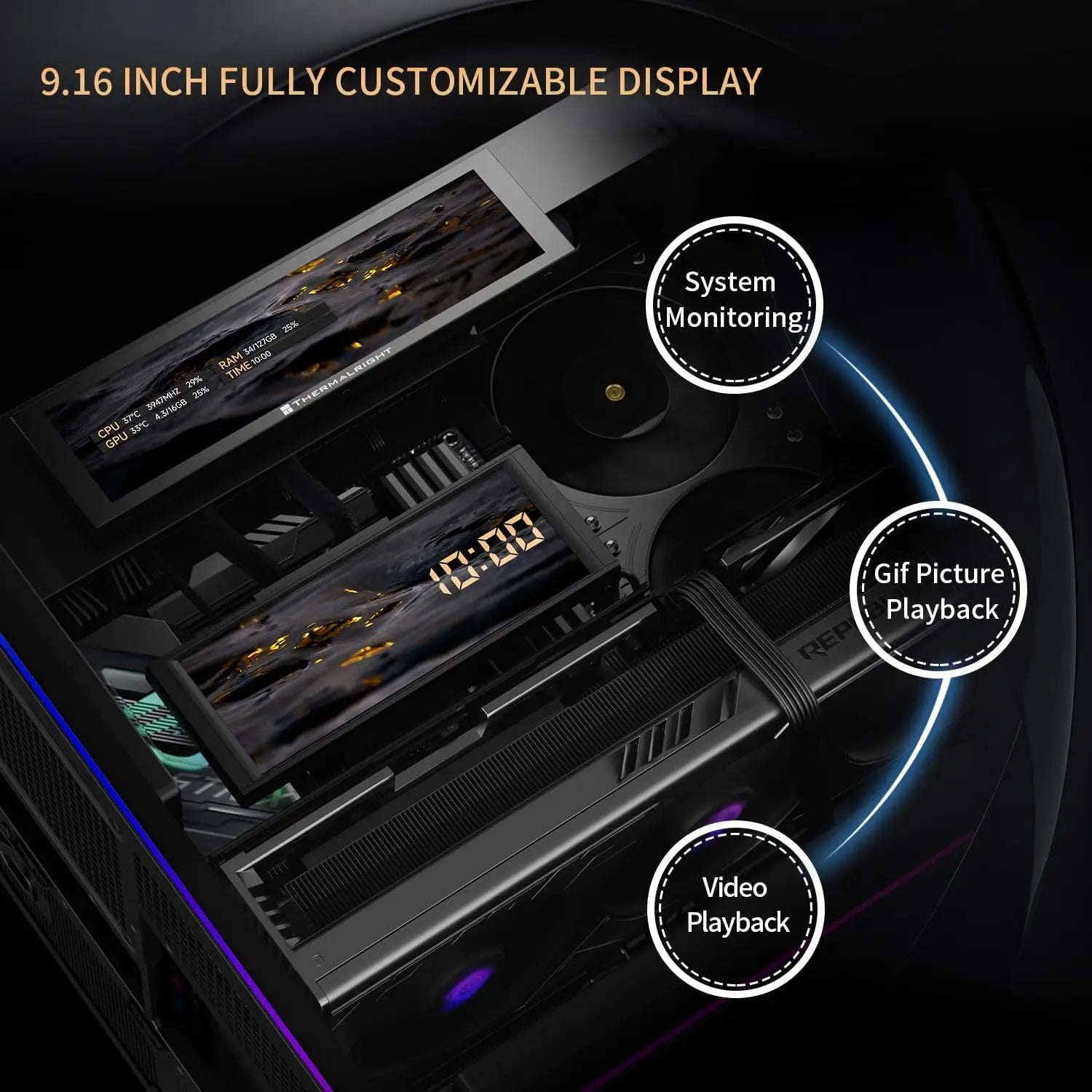 ATX Gaming Case with Panoramic Glass Panel, 8 Fan Slots, Type-C Interface, and 9.16-inch LCD Display Aurexia off
