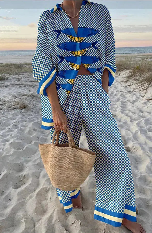 Funny Printed Loose Two Piece Set Women Tropical Beach Holiday Outfits 2024 Casual Lapel Button Shirt Wide Leg Pants Sets Aurexia off