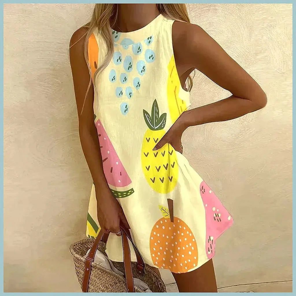 Women's Pineapple Print Sleeveless Dress - Casual Beach Vacation Party Dress for Summer Aurexia off