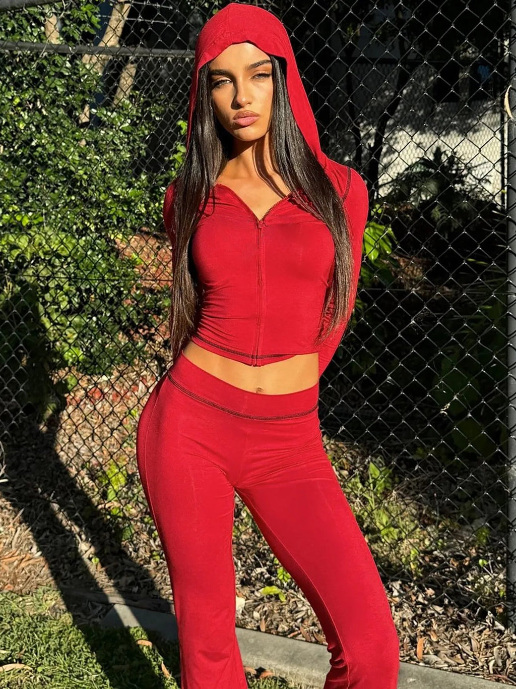 Summer Women's Clothing Front Top High Waist Skinny Long Pants Set For Polyester Streetwear Aurexia off