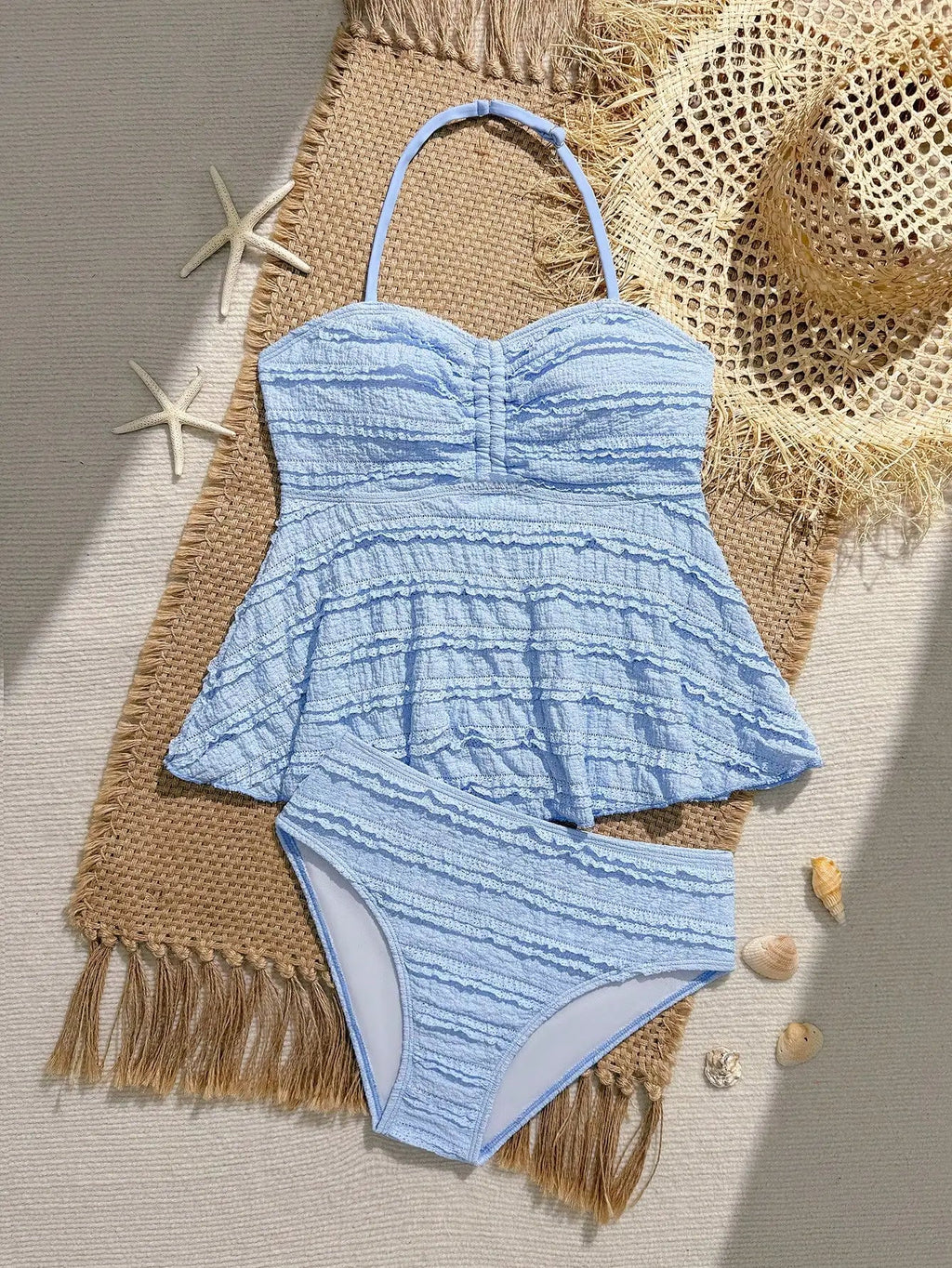 Blue Floral Tankini Set With Halter Neck And Ruffle Hem For Women Aurexia off