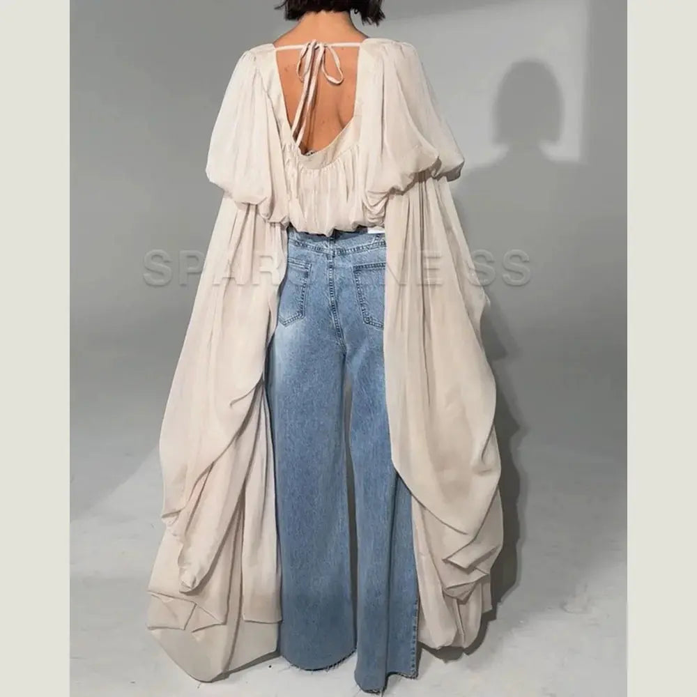 Women Chiffon Crop Top, Puff Long Sleeve Blouse, Square Neck Backless Tie Sheer Shirt for Party Nightclub Aurexia off