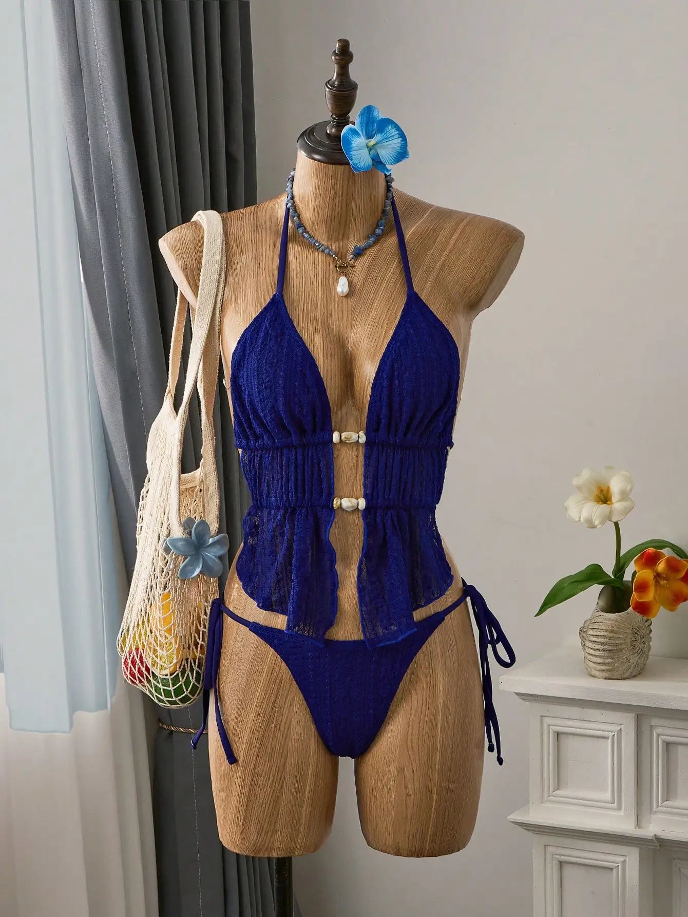 Cream Lace Halter Neck Tankini Set With Beaded Detail And Tie Side Bottoms Aurexia off