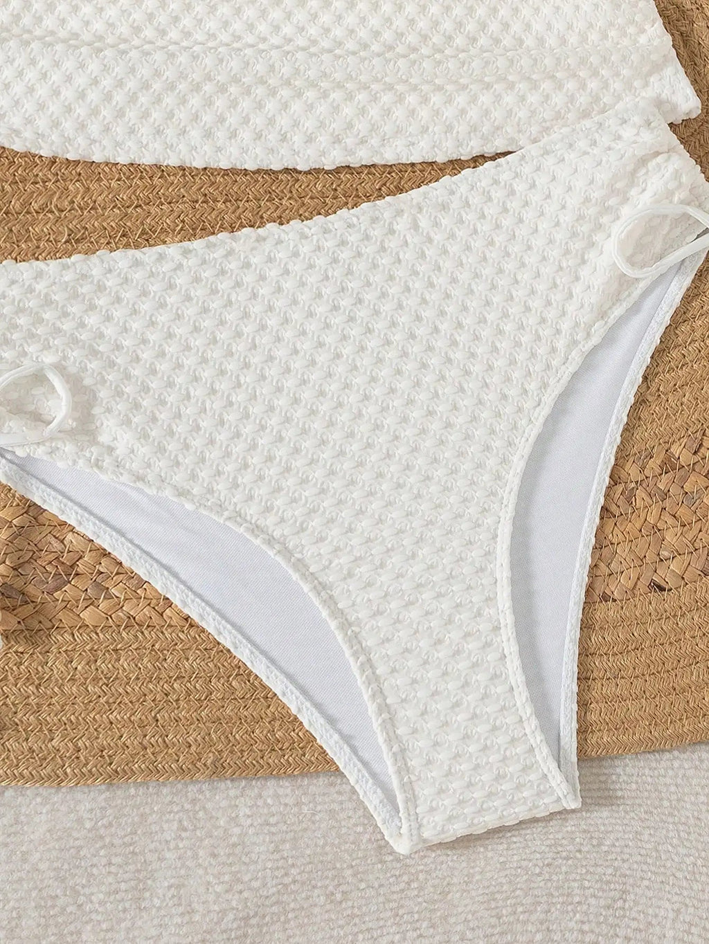 Women White Knitted Jacquard Beaded Drawstring Halter Neck Bikini Set Aurexia off