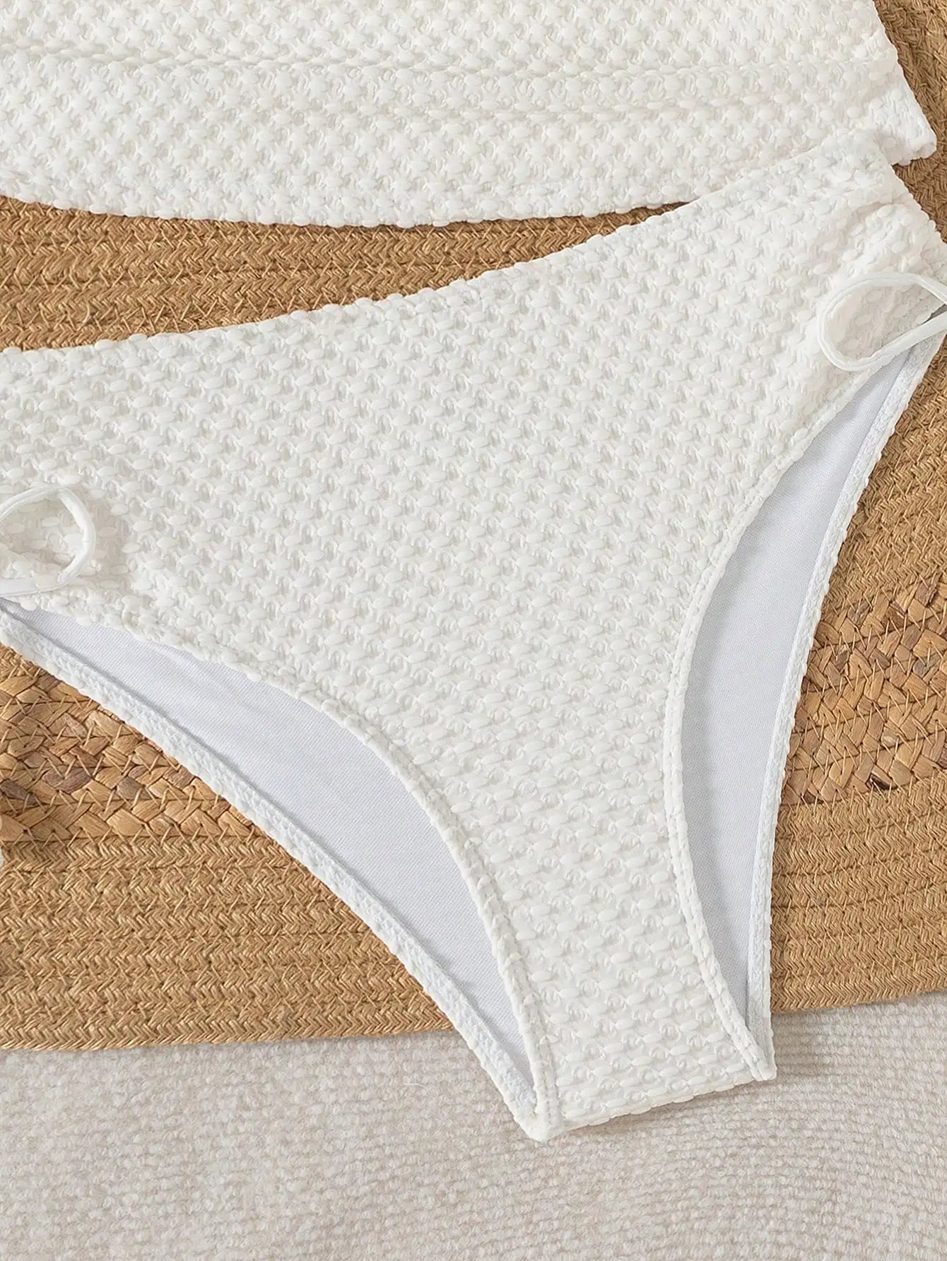 Women White Knitted Jacquard Beaded Drawstring Halter Neck Bikini Set Aurexia off