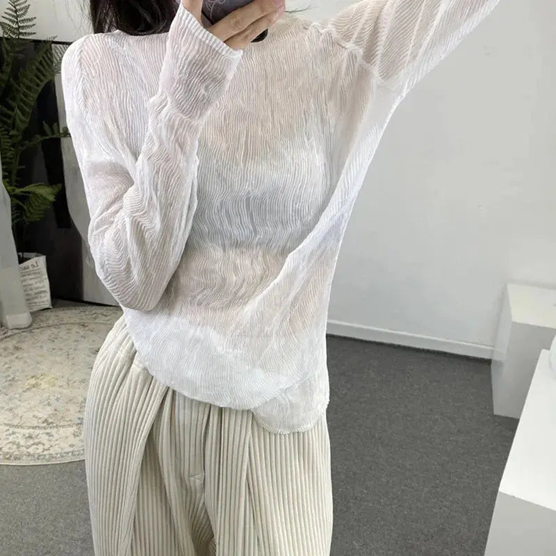 Black Pullover Blouse Slim Fit Turtleneck Long Sleeve Blouse Ruffle Pleated Fabric Fitted Blouse Half Turtleneck Sheer Blouse Aurexia off