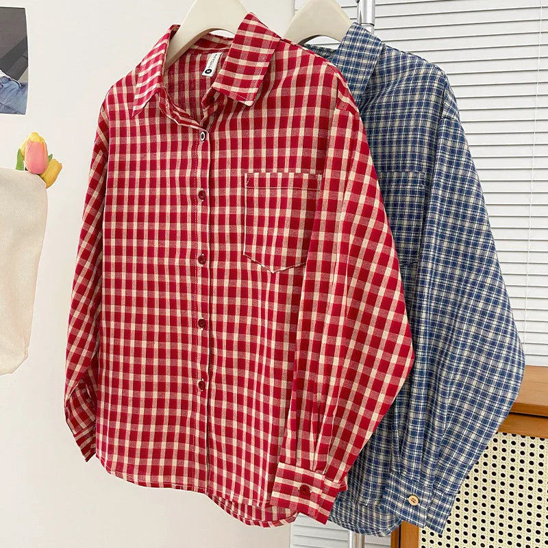 Korean-style Vintage Plaid Shirt New Spring And Autumn Casual Versatile Top Loose And Slimming Versatile College-style Shirt Aurexia off