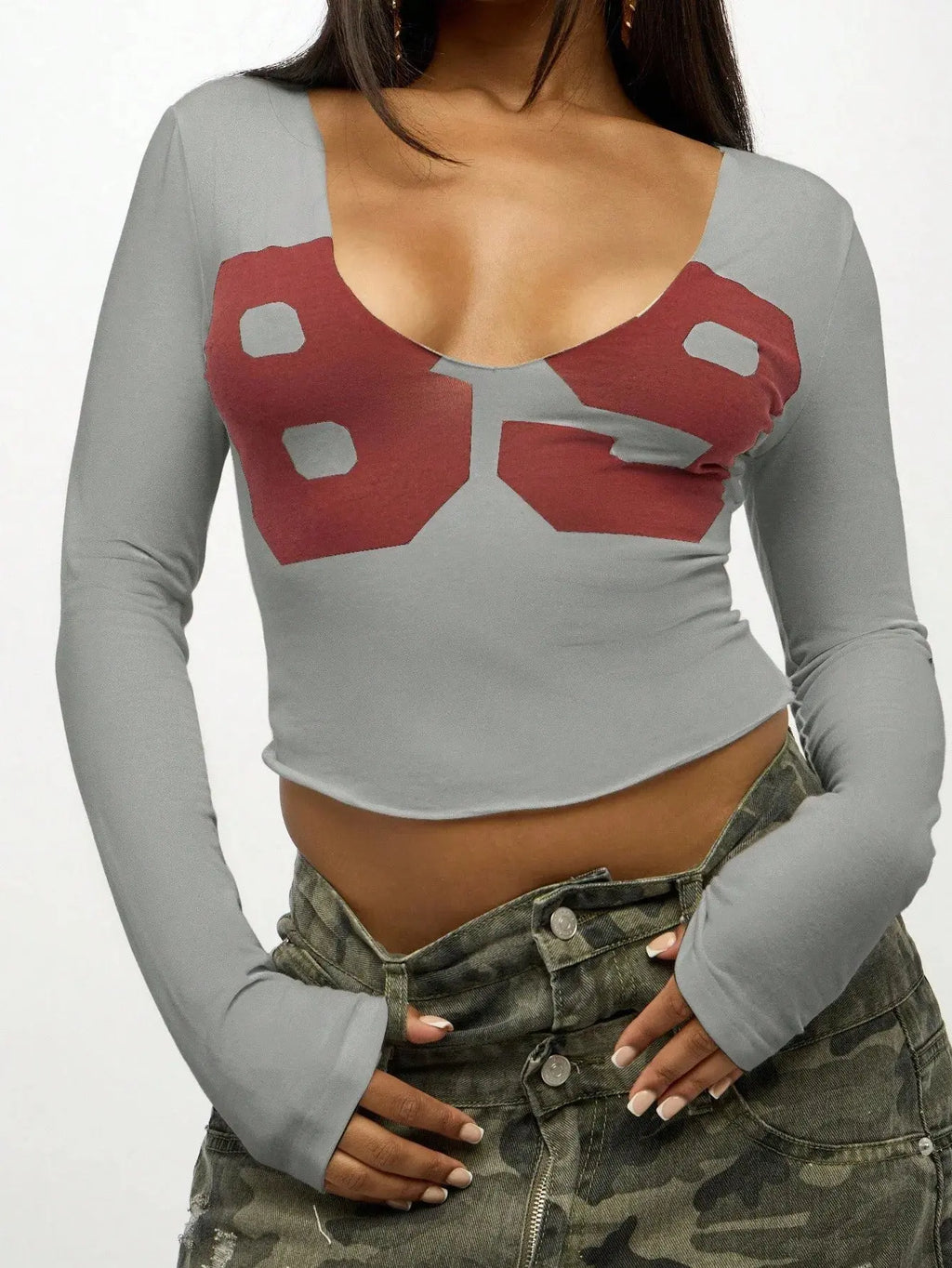 Women Long Sleeve Crop Top Graphic Print V Neck Fitted Cotton Casual Tee Aurexia off