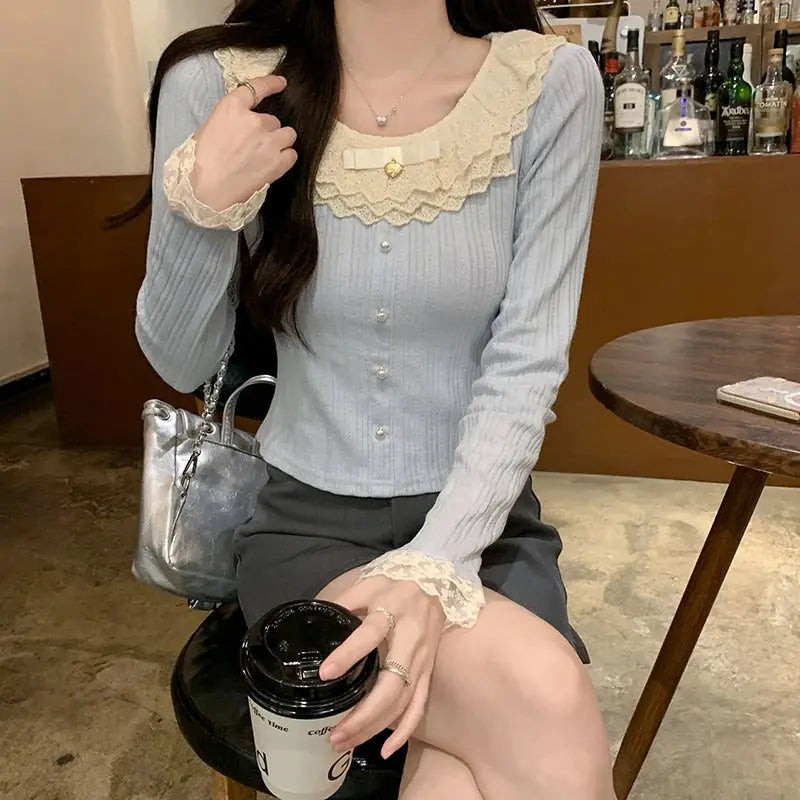 Women's 2026 Spring Autumn New Sweet Cute Lace Thin Short Slim Fit Crew Neck Long Sleeve T Shirt Base Top Aurexia off
