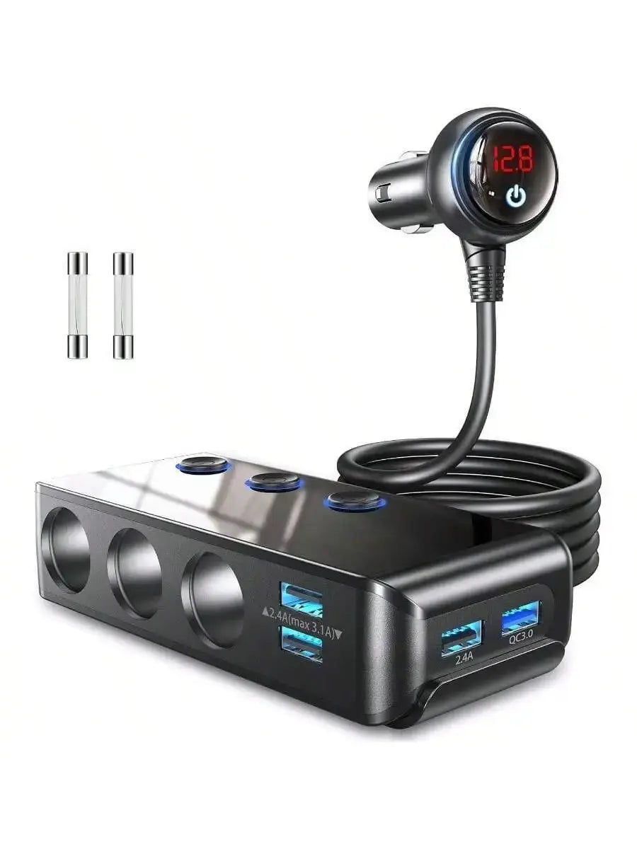 Car Power Adapter With LED Voltage Display 3 Cigarette Lighter Sockets 4 USB Ports Quick Charge Aurexia off
