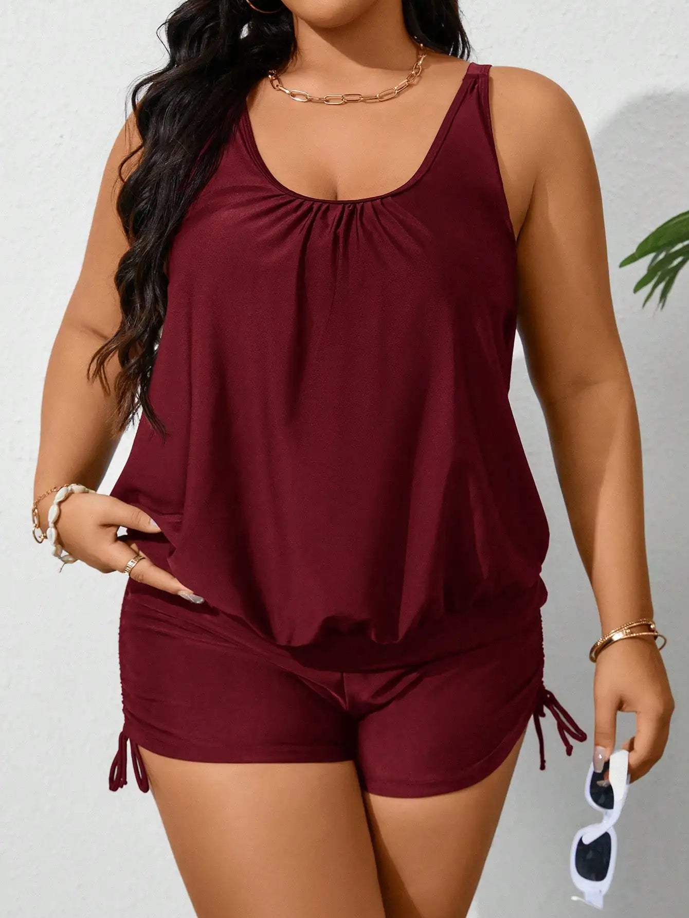 Plus Size Summer Beach Solid Sleeveless Ruched Tankini Set Aurexia off