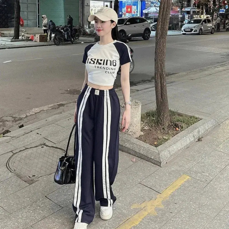 Fashion Suit Women's Summer New Shoulder Sleeves Short-sleeved T-shirt High Waist Wide Leg Pants Street Two-piece Set Aurexia off