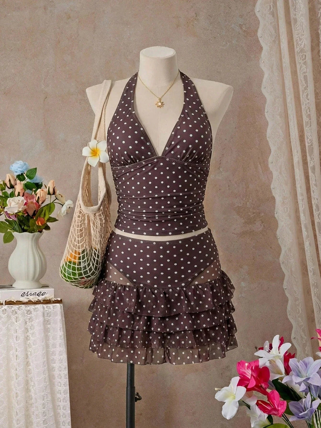 Women's Polka Dot And Gingham Halter Neck Tankini Set With Ruffled Skirt For Beach Vacation Aurexia off