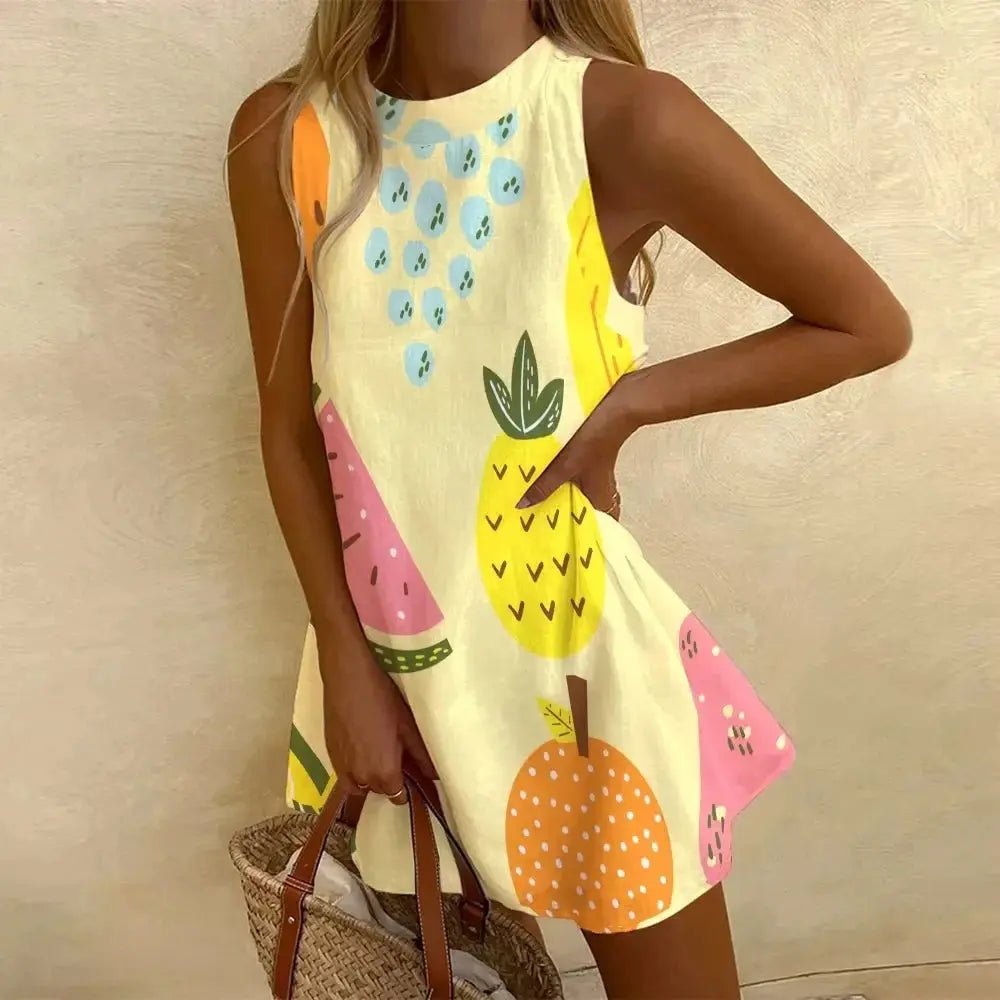 Women's Pineapple Print Sleeveless Dress - Casual Beach Vacation Party Dress for Summer Aurexia off