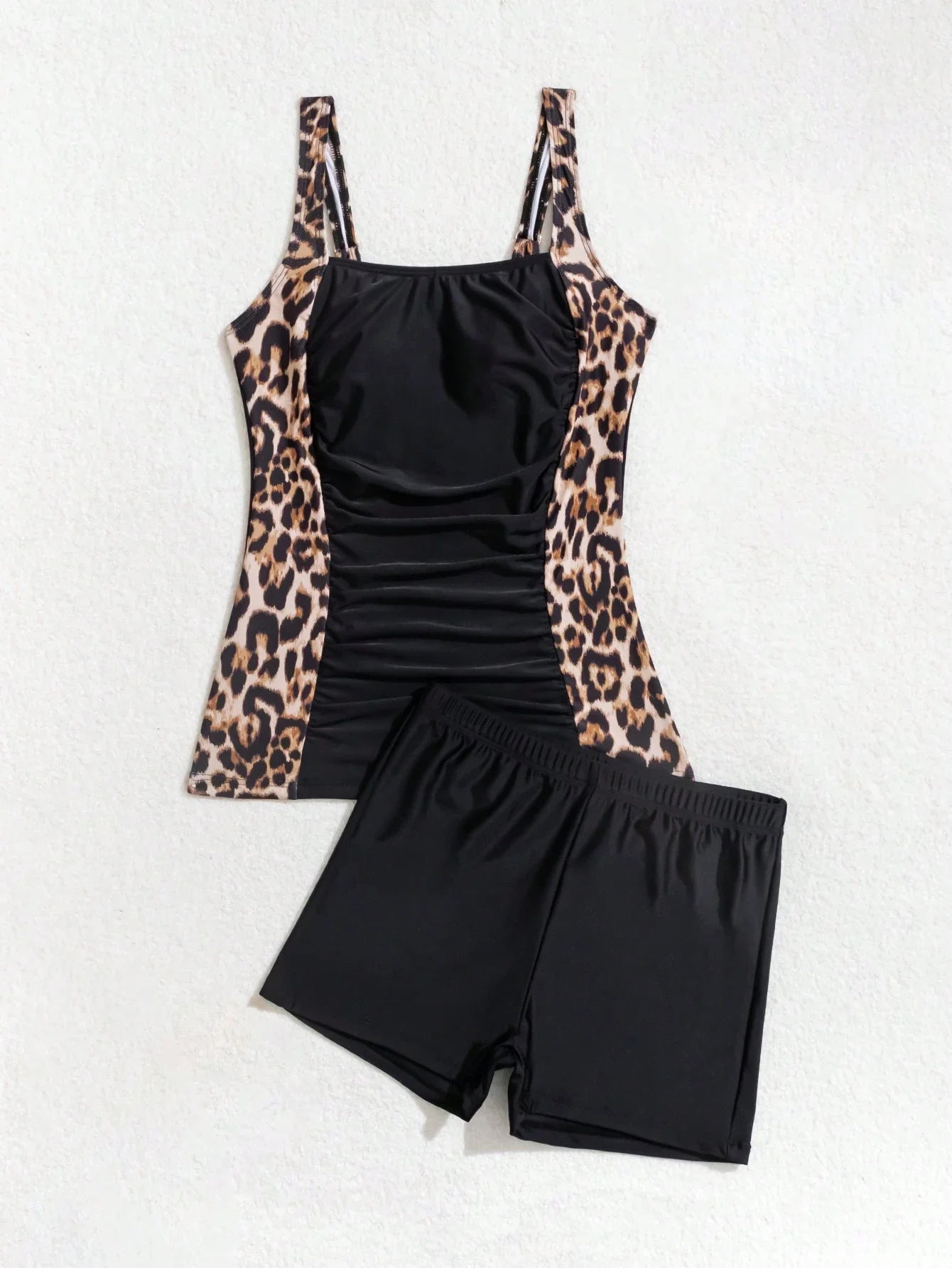 Leopard Print Tankini Top And Shorts Set Women Solid Black Sleeveless Ruched Swimwear For Beach Vacation Aurexia off