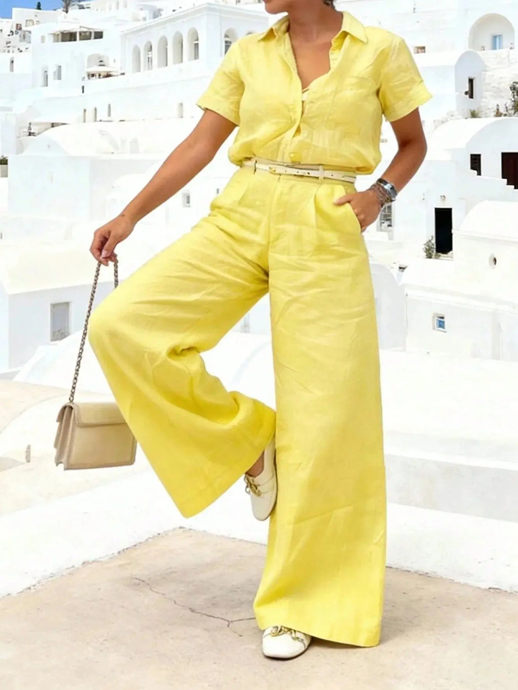 Women's Yellow Collared Short-Sleeve Two-Piece Set - Button-Front Wide-Leg Pants With Belt For Coastal Vacation Aurexia off