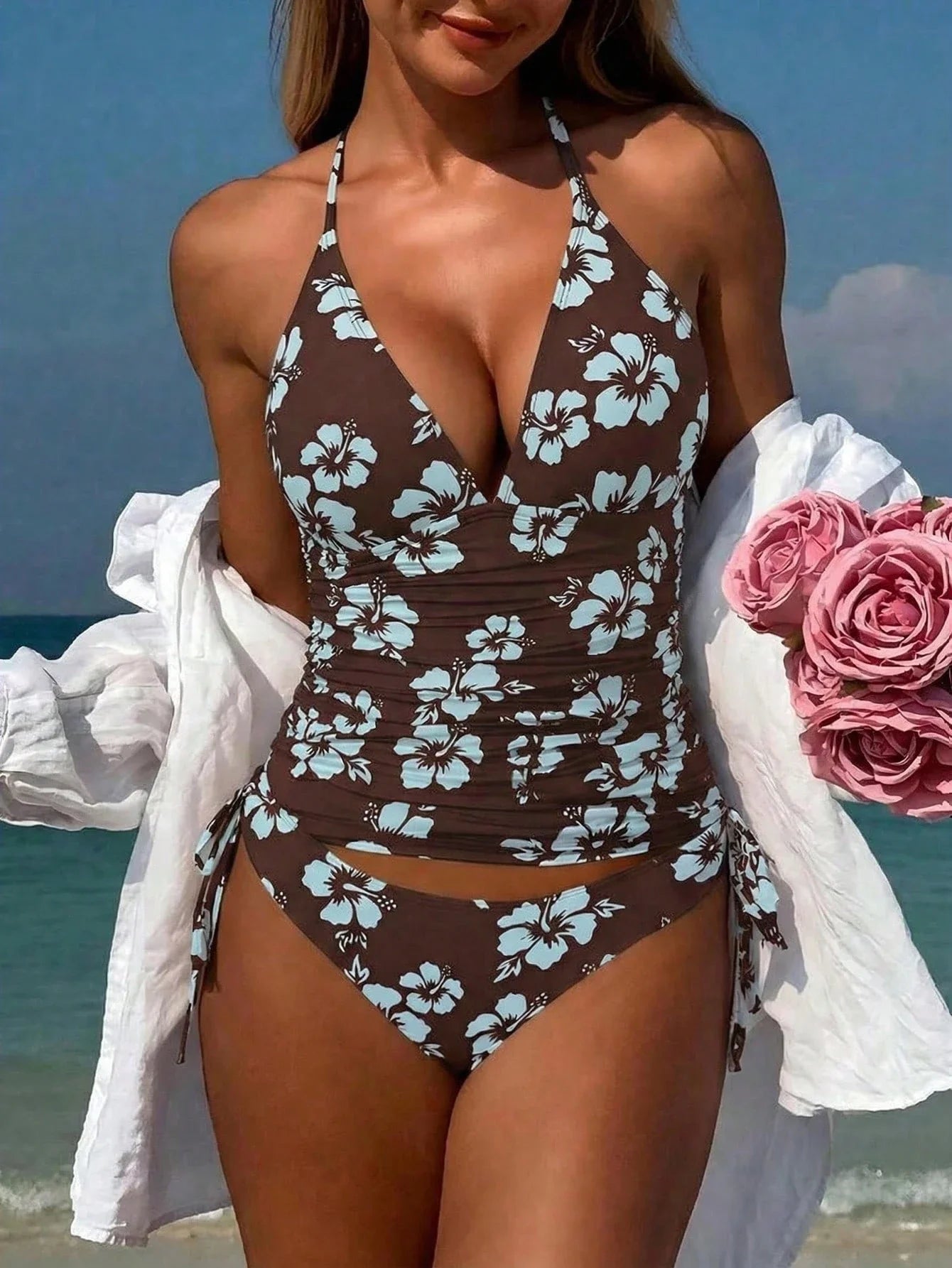 Women's Tropical Floral Two Piece Bikini Set Halter Deep V Neck Beach Swimwear Aurexia off