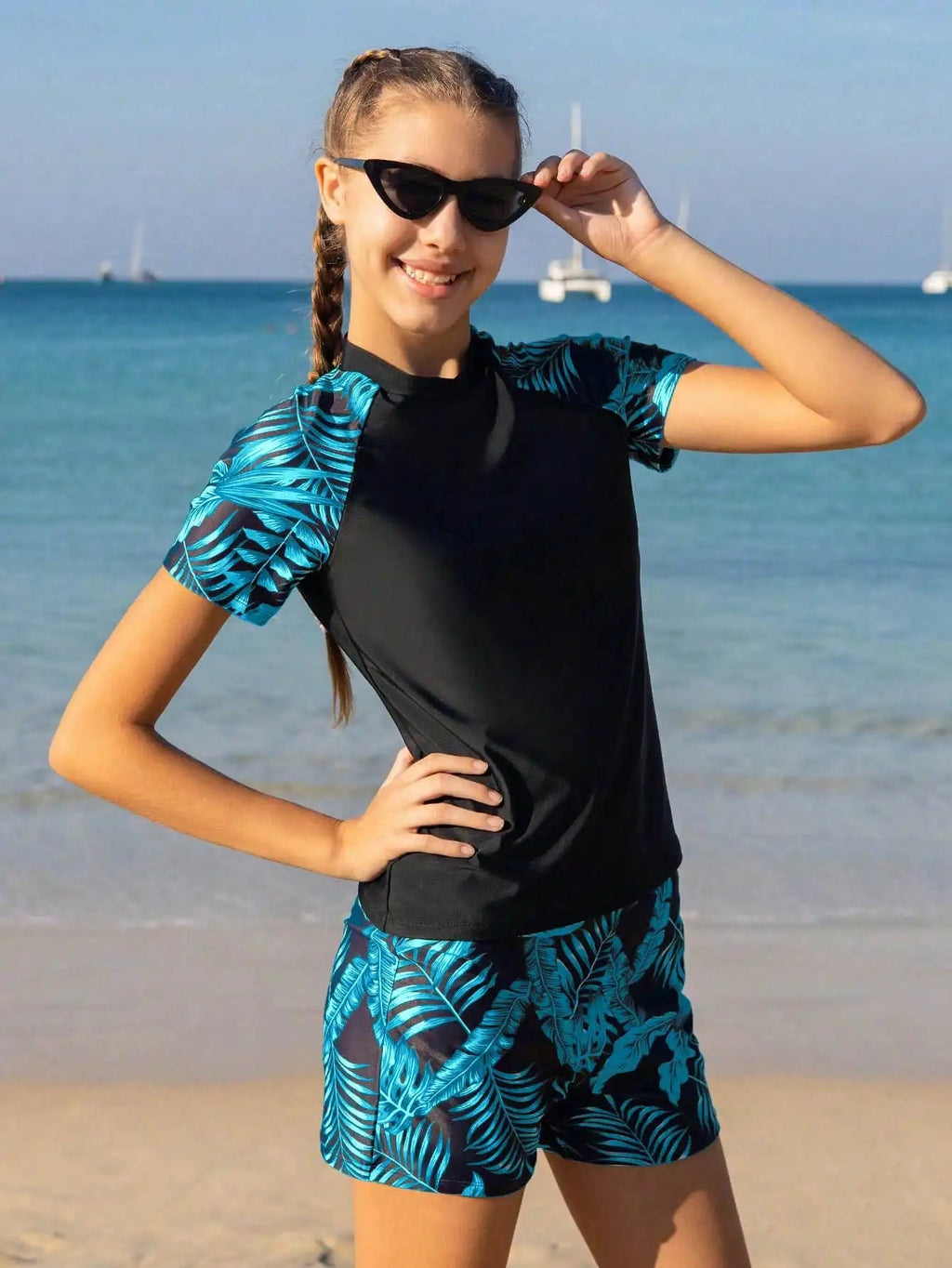 Women's Rash Guard Swimsuit Set With Tropical Leaf Print Blue Black Short Sleeve Top And Shorts Aurexia off