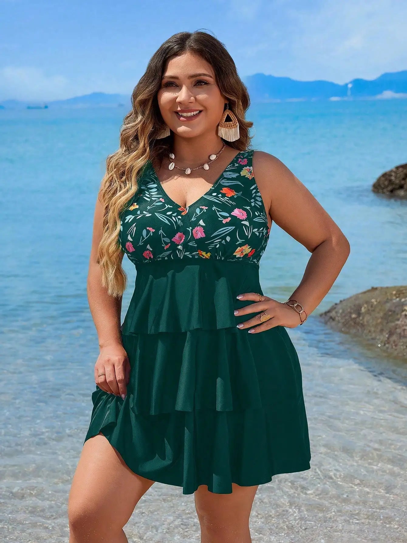 Plus Size Women Floral Print Sleeveless Tankini Swimsuit For Beach Vacation Aurexia off