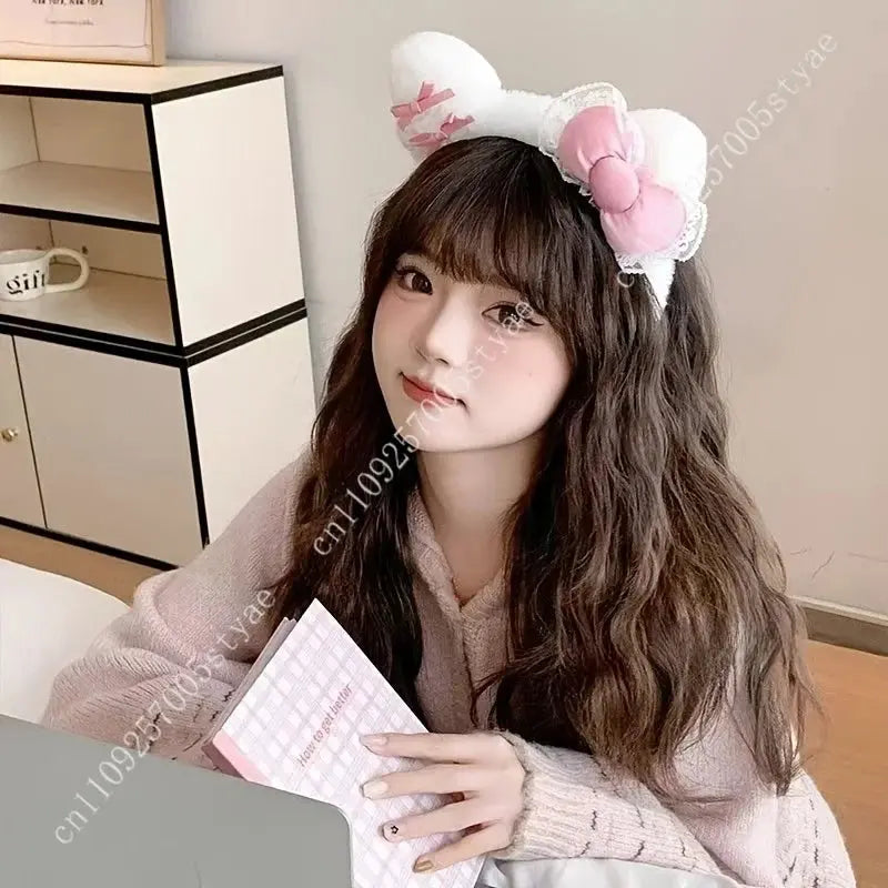 Hello Kitty Pink Bow Plush Headband  Women'S Cute and Comfortable Hair Accessory Suitable for Face Washing and Decoration Aurexia off