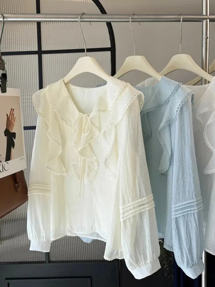 French V-Neck Chic Long Sleeved Blouse Women's Spring Summer Ruffled Casual Top New Design Aurexia off