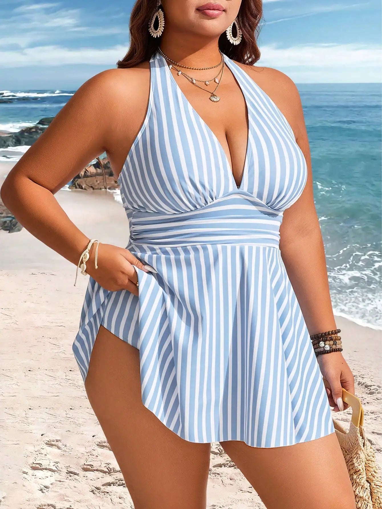 Plus Size Green White Striped Halter Tankini With Ruched Waist And Flared Skirted Bottom For Beach Resort Style Aurexia off