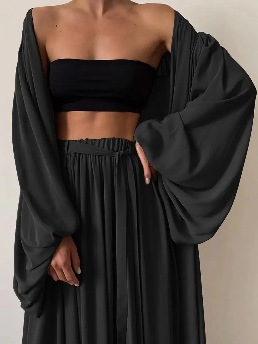 Summer Spring Women's Clothing Two Piece Set Long Sleeve Lantern Sleeve Solid Color Outfit Women's Suit Polyester Streetwear Aurexia off