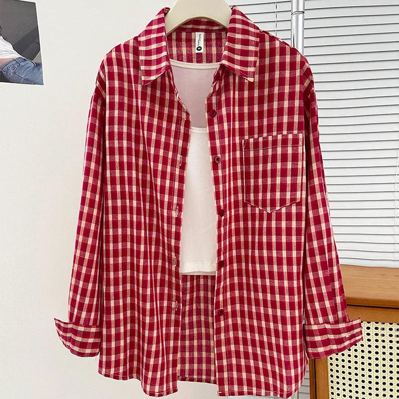 Korean-style Vintage Plaid Shirt New Spring And Autumn Casual Versatile Top Loose And Slimming Versatile College-style Shirt Aurexia off