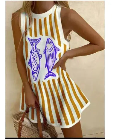 Women's Pineapple Print Sleeveless Dress - Casual Beach Vacation Party Dress for Summer Aurexia off