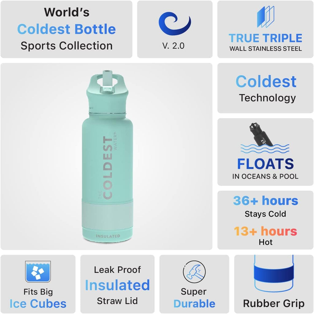 Coldest Insulated Water Bottle with Straw Lid - Stainless Steel Metal Insulated Bottle for Men & Women (Oceanic Green, 32 Oz)