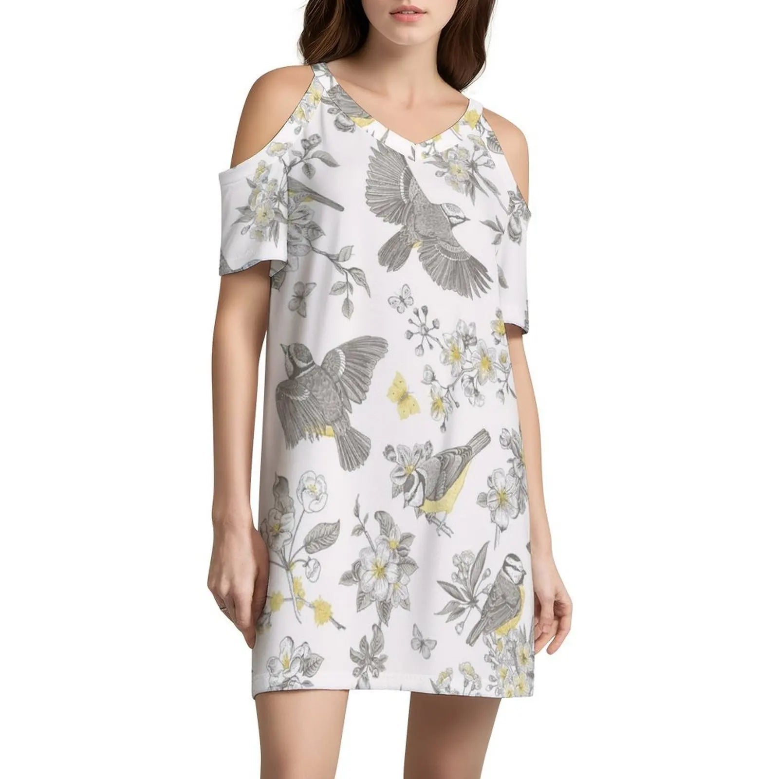 Vintage Yellow Grey Toile Birds French Country Women's Elegant Party Dress A-Line Dress With Short/Long/Sleeveless Options Aurexia off
