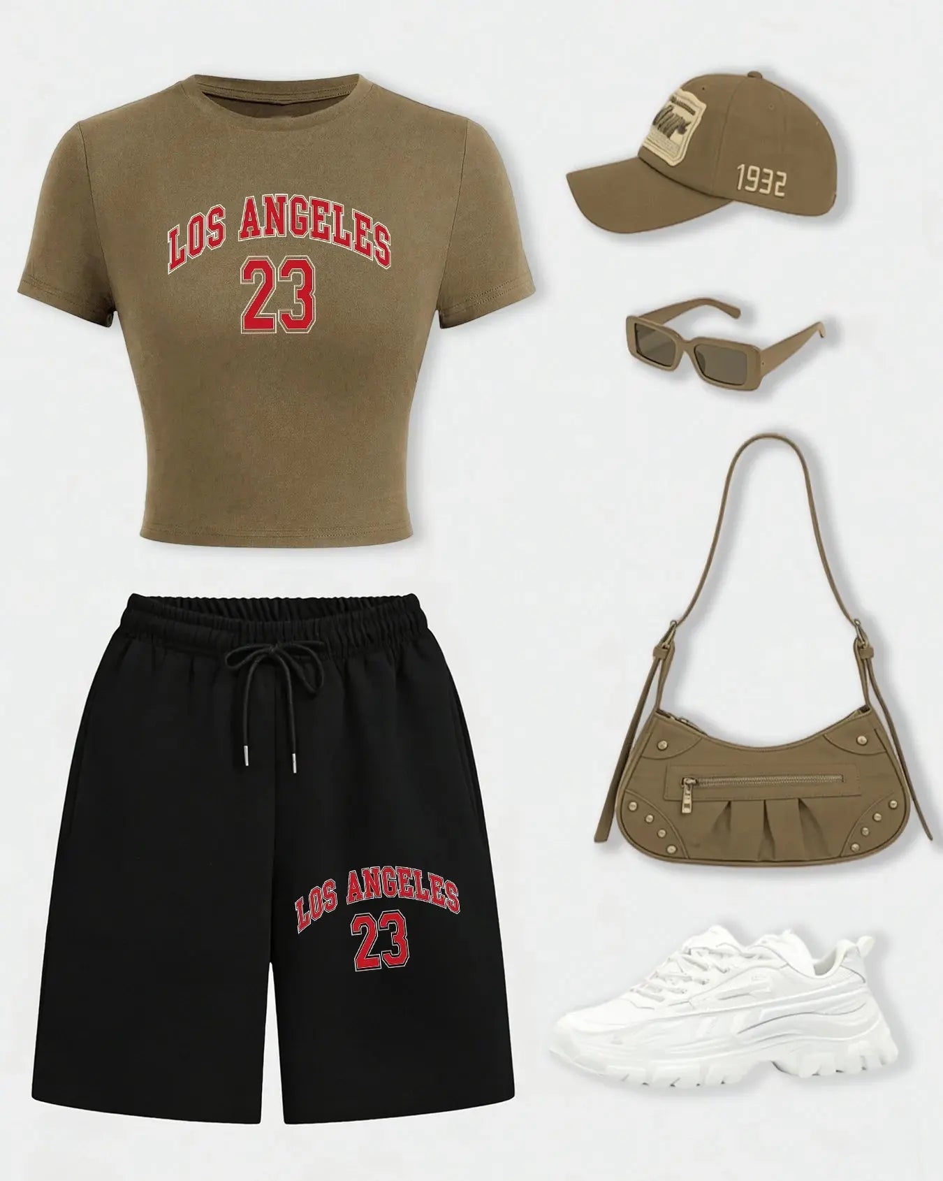 Los Angeles 24 Creative Letter Print T-Shirt Set Women Summer Cotton Crop T Shirt Wide-Leg Shorts Drawstring Pocket Gym Pant Aurexia off