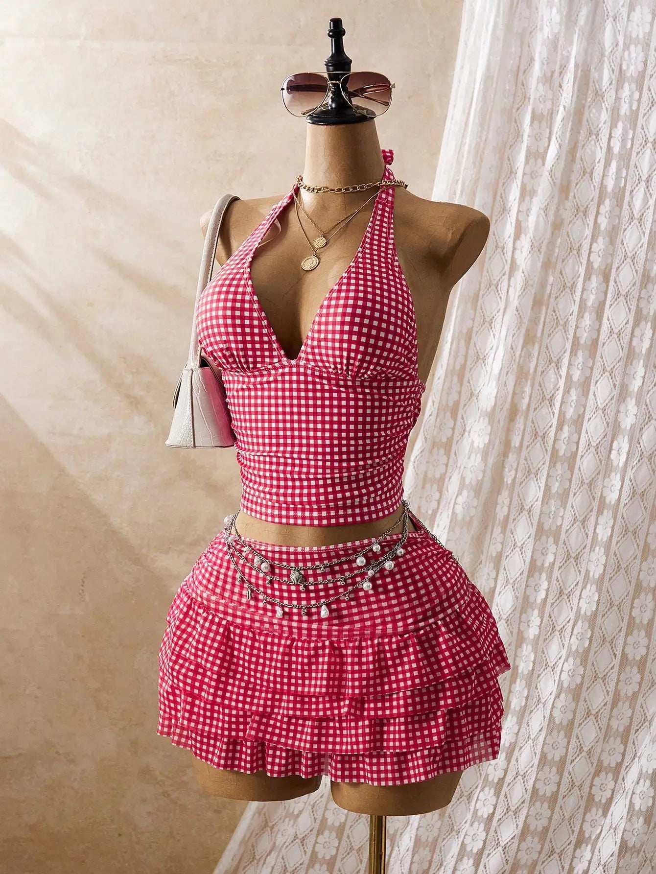 Women's Polka Dot And Gingham Halter Neck Tankini Set With Ruffled Skirt For Beach Vacation Aurexia off