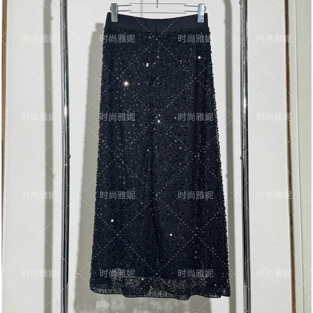 Fashion Heavy Sequin Beaded Cardigan Jacket for Women Slim Fit Bodycon Mid-Length Skirt Trendy Long Sleeve Coat Aurexia off