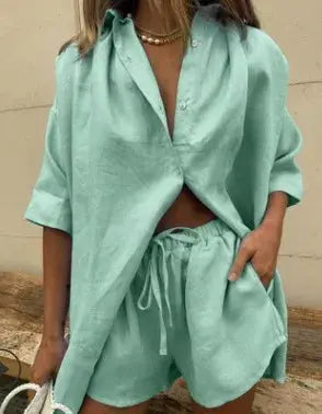 European and American 2024 Summer New Women's Solid Color Single breasted Short sleeved Shirt Two piece Set of Wide Leg Pants La Aurexia off