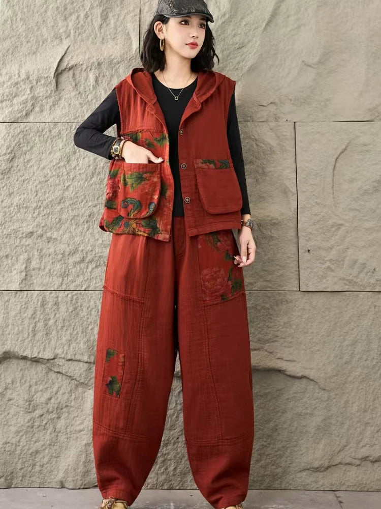 Amax LuluE Womens Hooded Denim 2 Pieces Sets Fashion Vest Suits Punk Sleeveless Coats Loose Pants Classic Jeans Printed Outfits Aurexia off