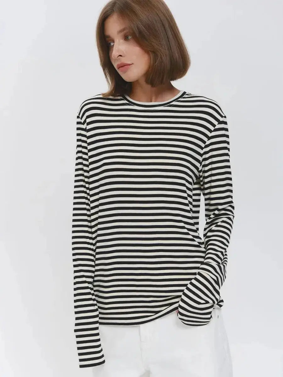 Bornladies Autumn New Fashion Women Cotton Striped Long Sleeve T Shirt Office Casual Simple Round Neck Pullover Tops & Tees Aurexia off