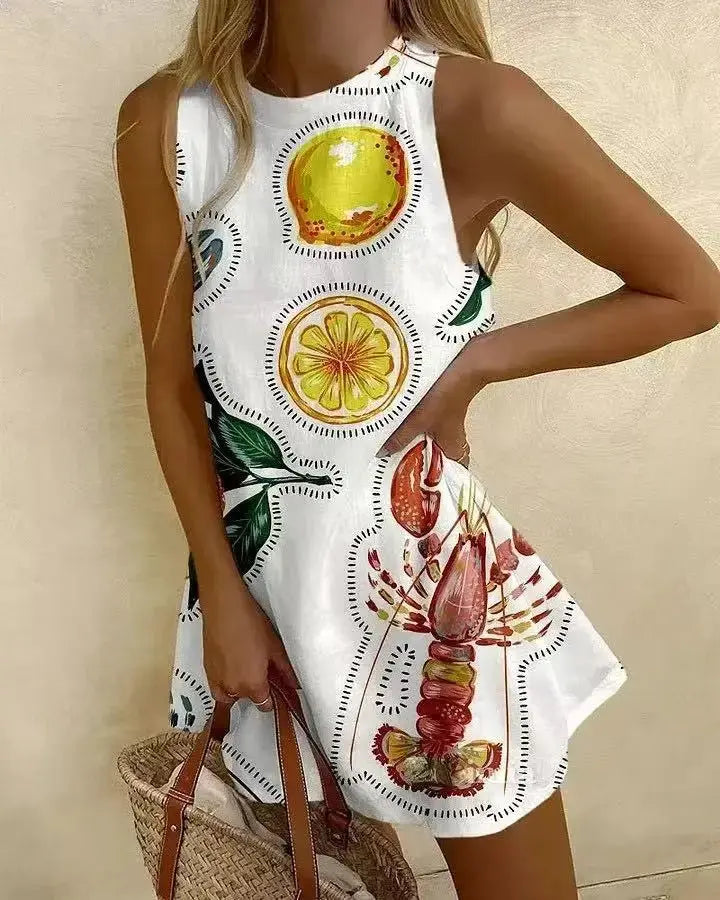 Women's Pineapple Print Sleeveless Dress - Casual Beach Vacation Party Dress for Summer Aurexia off