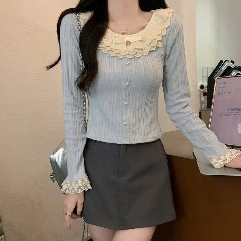 Women's 2026 Spring Autumn New Sweet Cute Lace Thin Short Slim Fit Crew Neck Long Sleeve T Shirt Base Top Aurexia off
