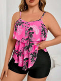 Coral Floral Print Ruffle Layered Crop Top With Solid Black Boyshorts Two Piece Plus Size Swimwear Set Aurexia off
