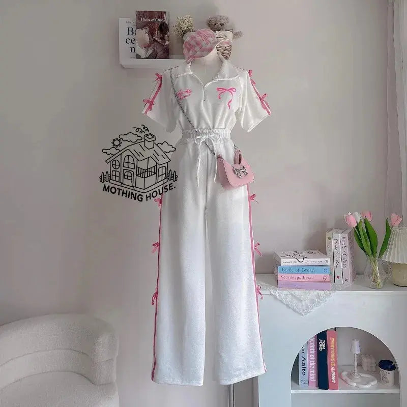 Sweet Suit Women's Summer New Bow-tie Printed POLO Shirt Short-sleeved Wide-leg Trousers Two-piece Set Aurexia off