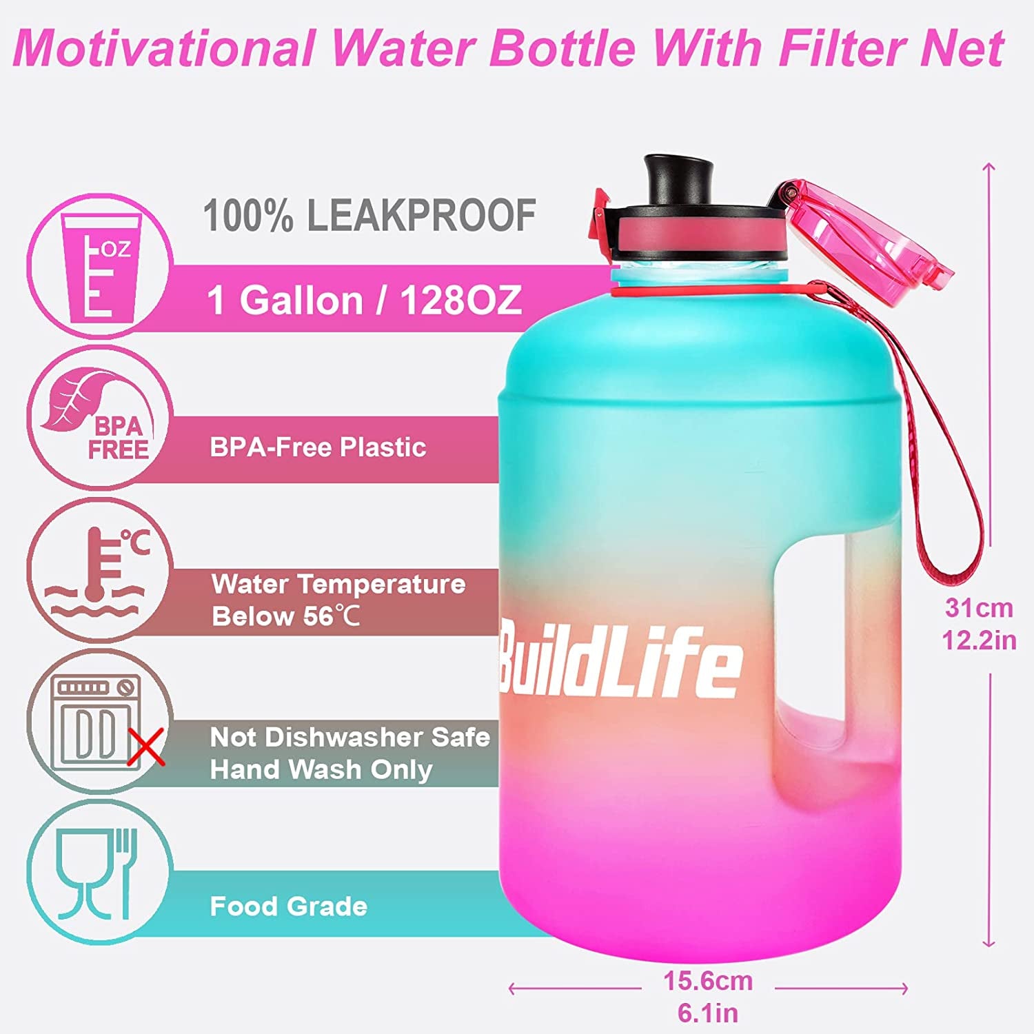 Gallon Water Bottles with Times to Drink - Gallon Water Jug - 1 Gallon Water Bottle–128 Oz Water Bottle(Green Pink)