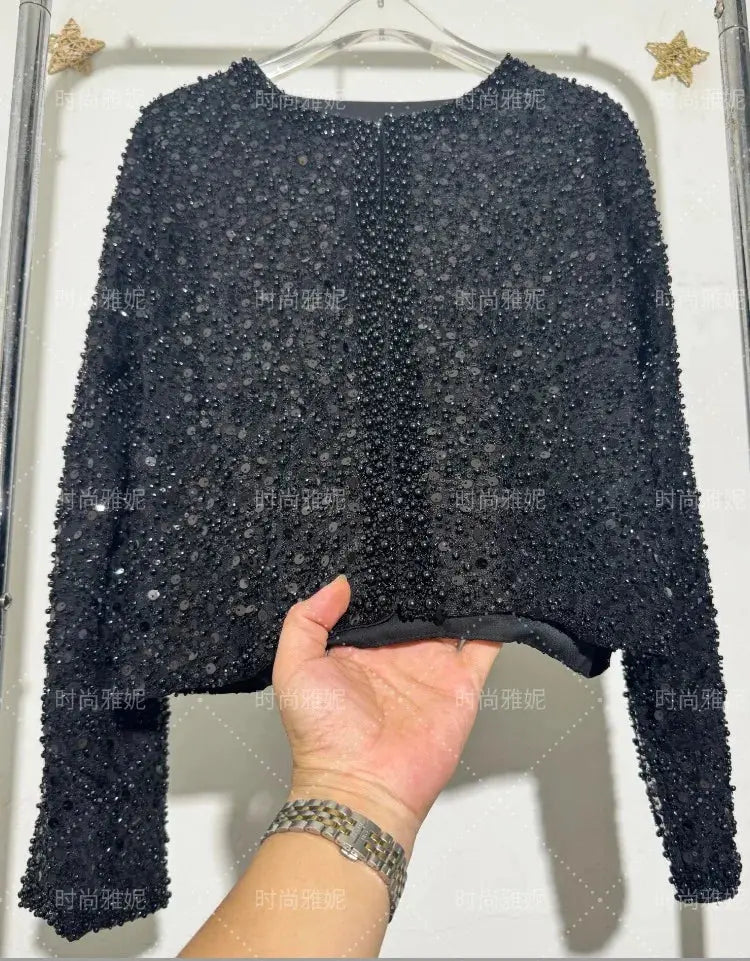Fashion Heavy Sequin Beaded Cardigan Jacket for Women Slim Fit Bodycon Mid-Length Skirt Trendy Long Sleeve Coat Aurexia off