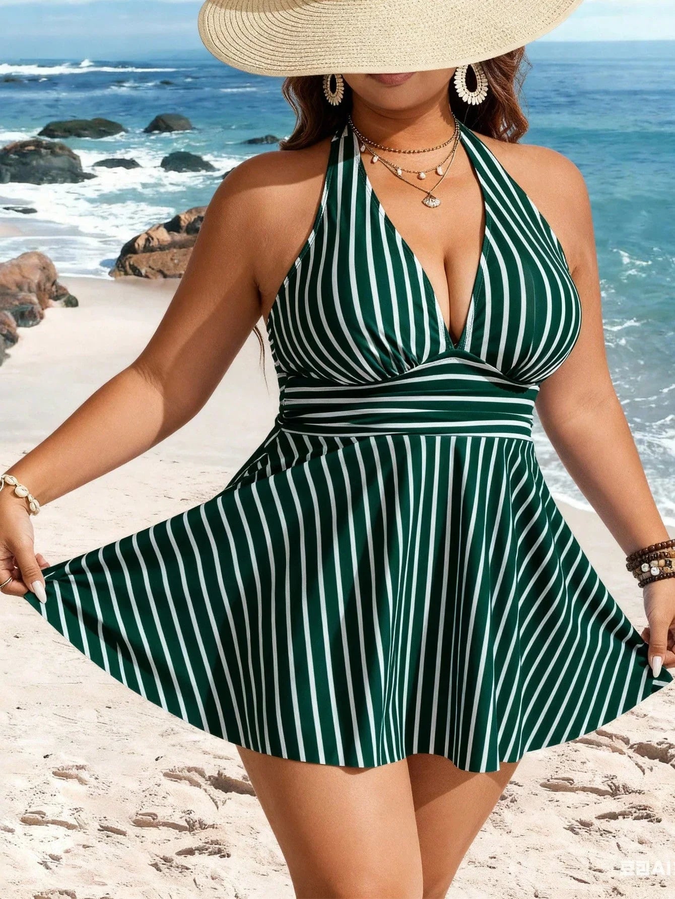 Plus Size Green White Striped Halter Tankini With Ruched Waist And Flared Skirted Bottom For Beach Resort Style Aurexia off