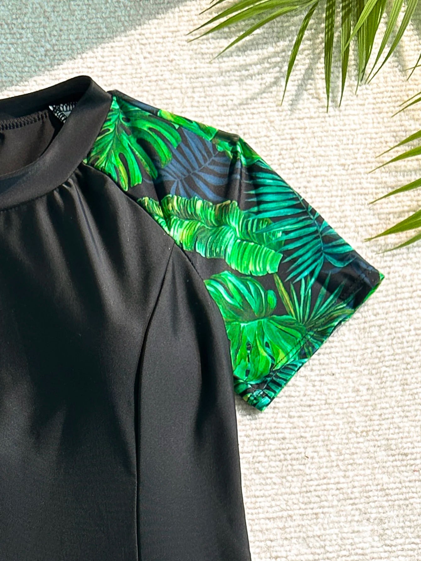 Women's Tankini Swimsuit Set, Two-Piece Swimsuit, Short-Sleeved Beach Vacation Conservative Slim-Fit Tropical Plant Print Boxer Shorts Sporty Fashion Swimwear Aurexia off