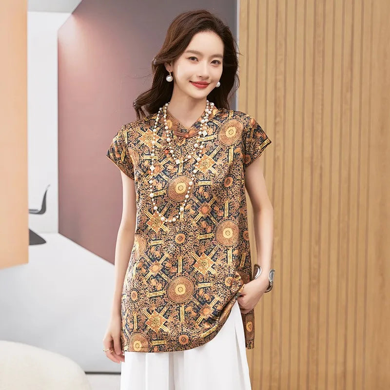 Women's Blouse Short Sleeve Round Neck Top Mandarin Collar Tunic Geometric Print Loose Fit Mid Length Gold Brown Shirt Aurexia off