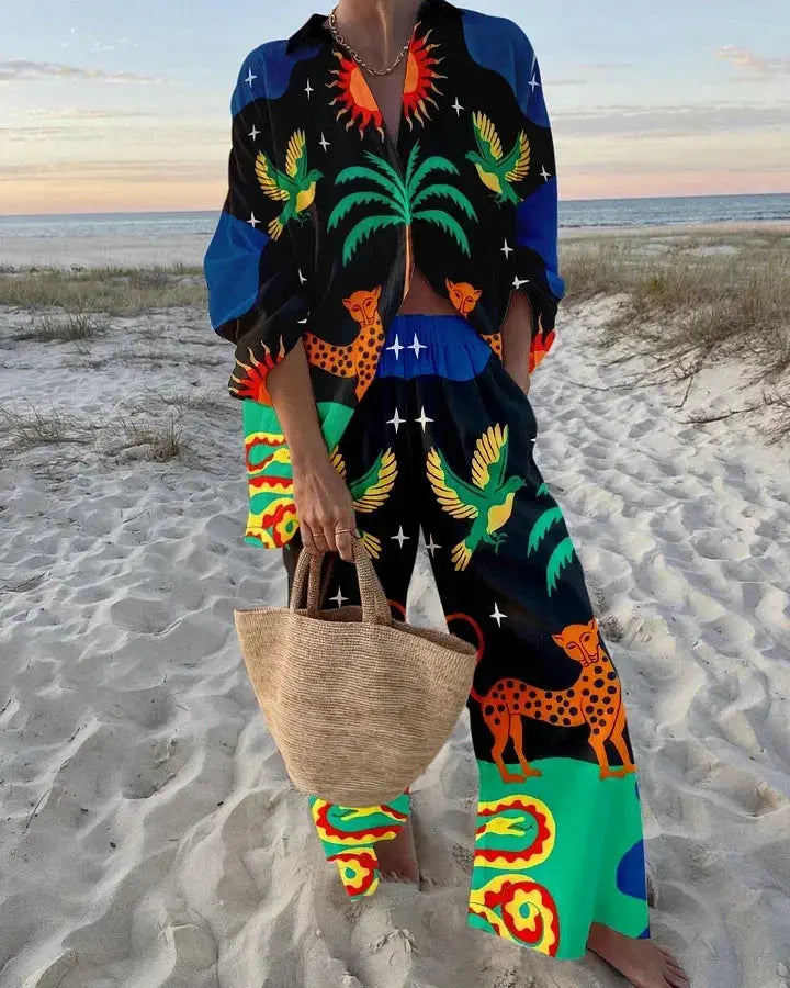 Funny Printed Loose Two Piece Set Women Tropical Beach Holiday Outfits 2024 Casual Lapel Button Shirt Wide Leg Pants Sets Aurexia off
