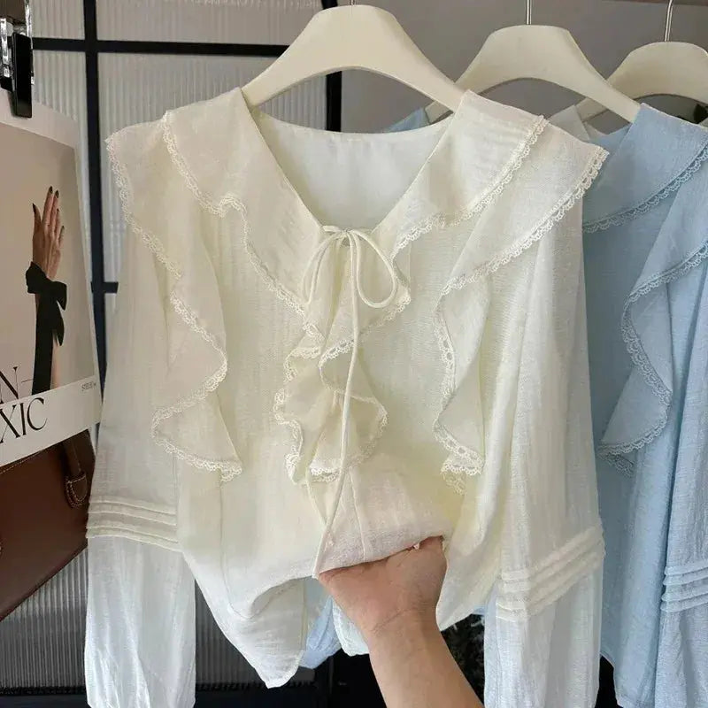 French V-Neck Chic Long Sleeved Blouse Women's Spring Summer Ruffled Casual Top New Design Aurexia off